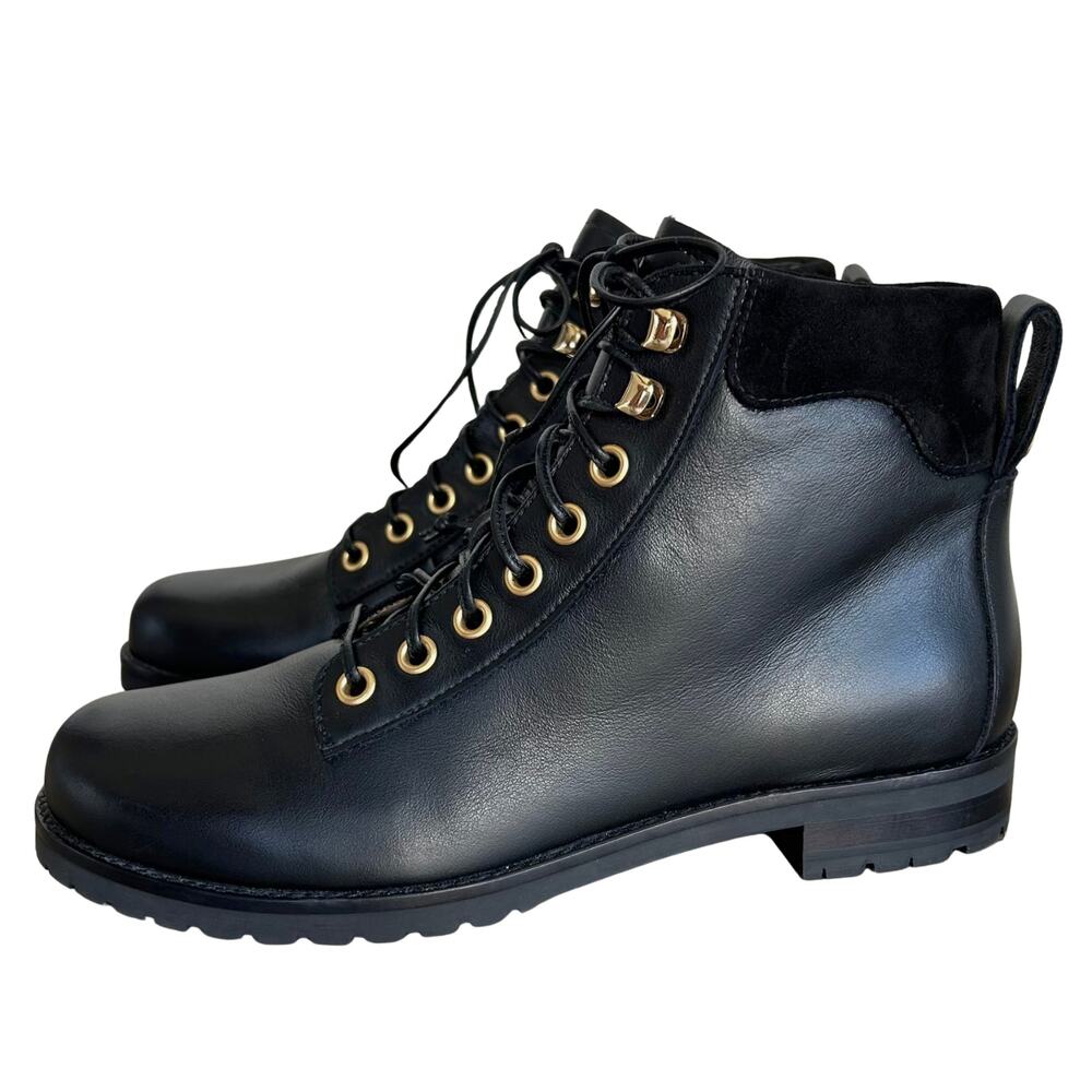 Ines de la Fressange Paris Black Leather Hiker Boots Gold Hardware EU 35